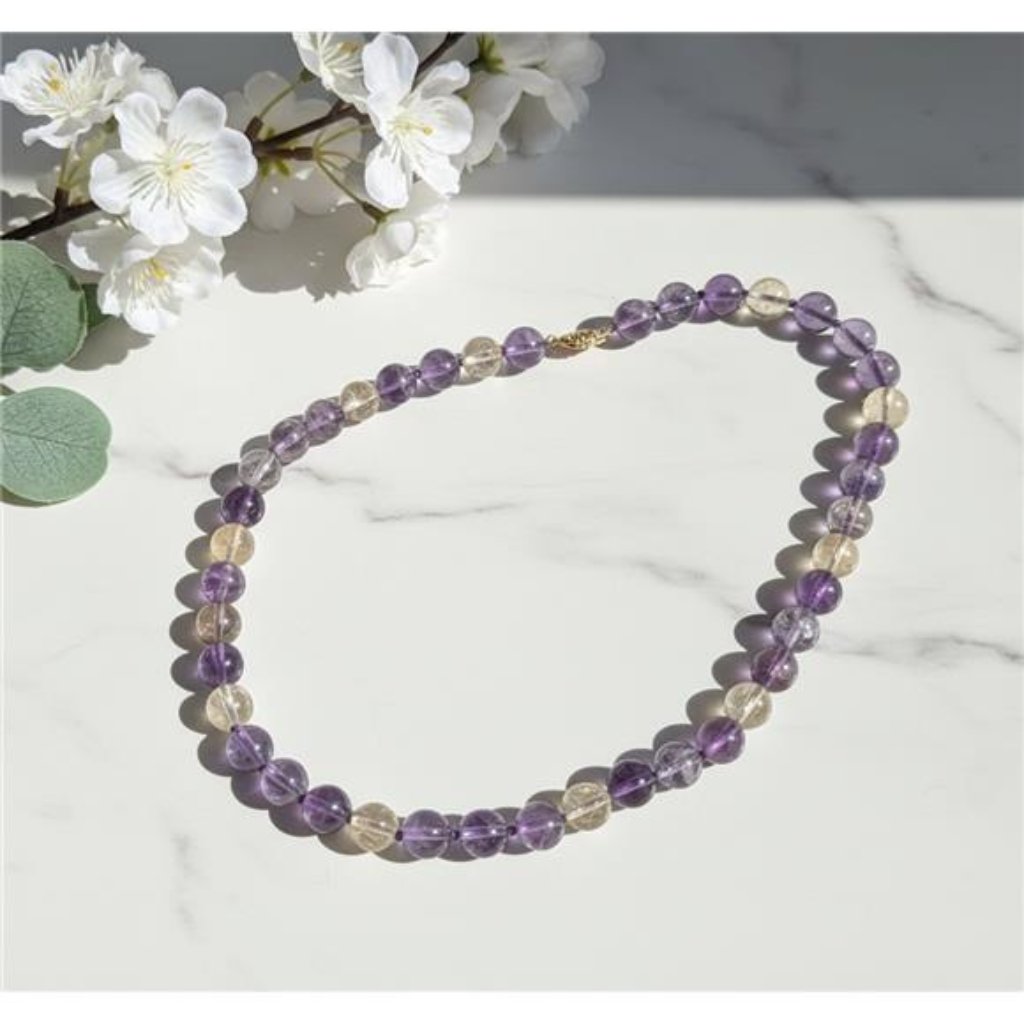 Natural Amethyst Citrine Smoky Quartz Bead Necklace 14k Gold Clasp 18 In